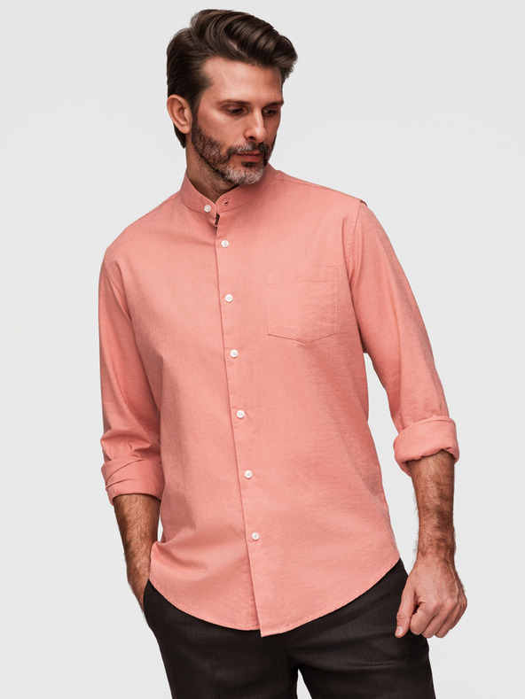 Ombre Clothing Férfi lenvászon ing álló gallérral és zsebbal REGULAR FIT - barackszín V1 K704 Ombre Clothing