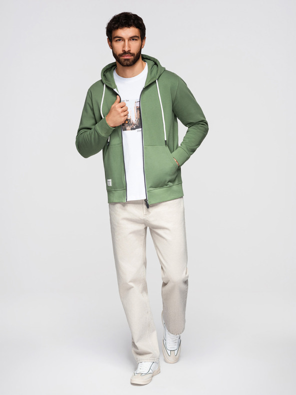 Ombre Clothing Férfi pamut pulóver BASIC zippes kapucnival - zöld V3 OM-SSBZ-0272 Ombre Clothing