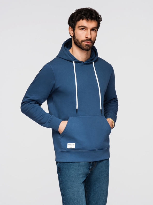 Ombre Clothing Férfi pamut pulóver BASIC kanguru zsebvel és kapucnival - sötétkék Ombre Clothing