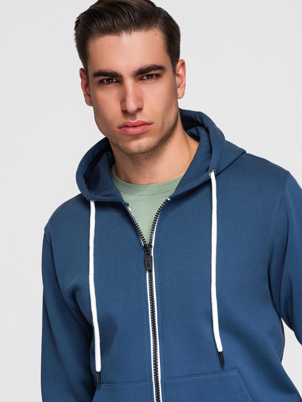 Ombre Clothing Férfi pamut pulóver BASIC zippes kapucnival - sötétkék V4 OM-SSBZ-0272 Ombre Clothing