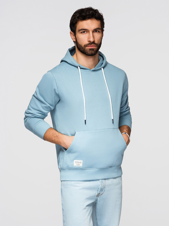 Ombre Clothing Férfi pamut BASIC pulóver kenguru zsebel és kapucnival - kék Ombre Clothing