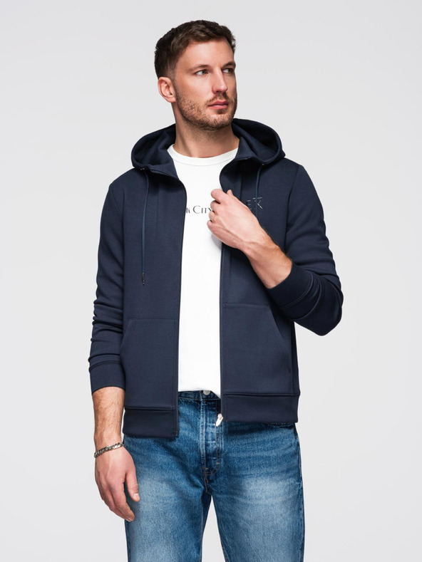 Ombre Clothing Férfi pulóver kapucnival sima kötésből - sötétkék V4 OM-SZBC-0196 Ombre Clothing