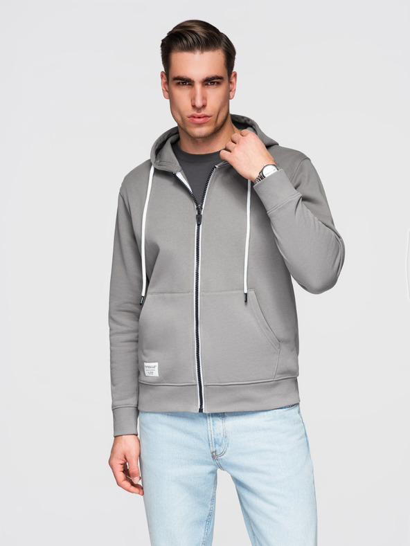 Ombre Clothing Férfi pamut BASIC pulóver cipzáras kapucnival - szürke V8 OM-SSBZ-0272 Ombre Clothing