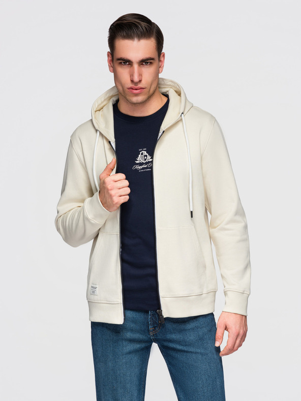 Ombre Clothing Férfi pamut rugalmas BASIC pulóver kapucnival - krém V11 OM-SSBZ-0272 Ombre Clothing