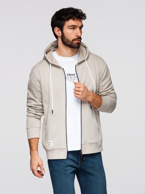 Ombre Clothing Férfi pamut BASIC pulóver kapucnival - világosbézs V1 OM-SSBZ-0272 Ombre Clothing