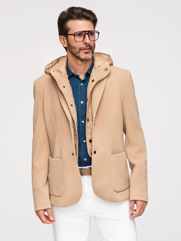 Ombre Clothing Férfi strukturált dzseki magas állással és kapucnival - világosbarna V1 M167 Ombre Clothing