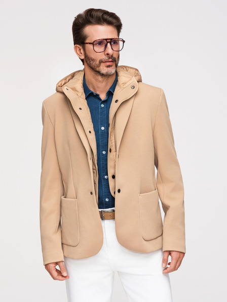 Ombre Clothing Férfi strukturált dzseki magas állással és kapucnival - világosbarna V1 M167 Ombre Clothing