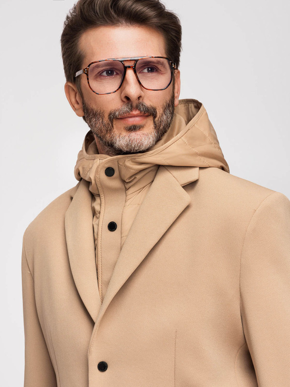 Ombre Clothing Férfi strukturált dzseki magas állással és kapucnival - világosbarna V1 M167 Ombre Clothing