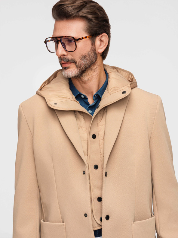 Ombre Clothing Férfi strukturált dzseki magas állással és kapucnival - világosbarna V1 M167 Ombre Clothing