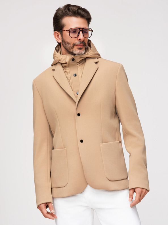 Ombre Clothing Férfi strukturált dzseki magas állással és kapucnival - világosbarna V1 M167 Ombre Clothing