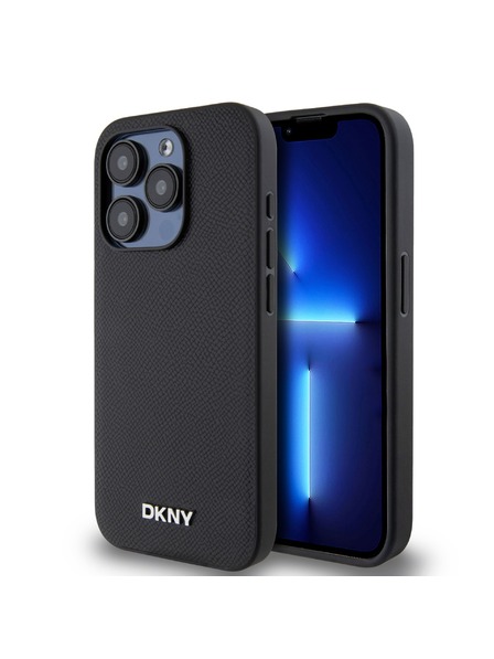 DKNY PU bőr ezüst fém logóval ellátott Magsafe hátlap iPhone 15 Pro fekete DKNY