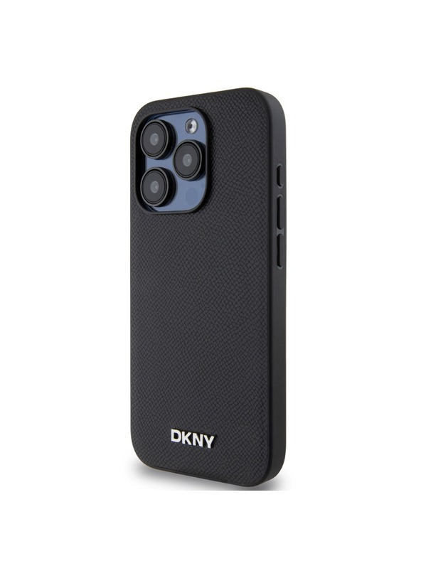 DKNY PU bőr ezüst fém logóval ellátott Magsafe hátlap iPhone 15 Pro fekete DKNY