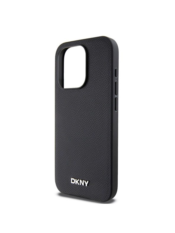DKNY PU bőr ezüst fém logóval ellátott Magsafe hátlap iPhone 15 Pro fekete DKNY