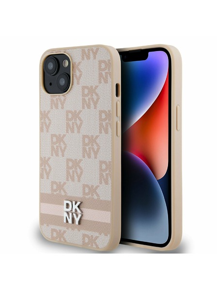 DKNY PU bőr kockás mintás és csíkos hátlapi borító iPhone 13 rózsaszín DKNY rózsaszínhez