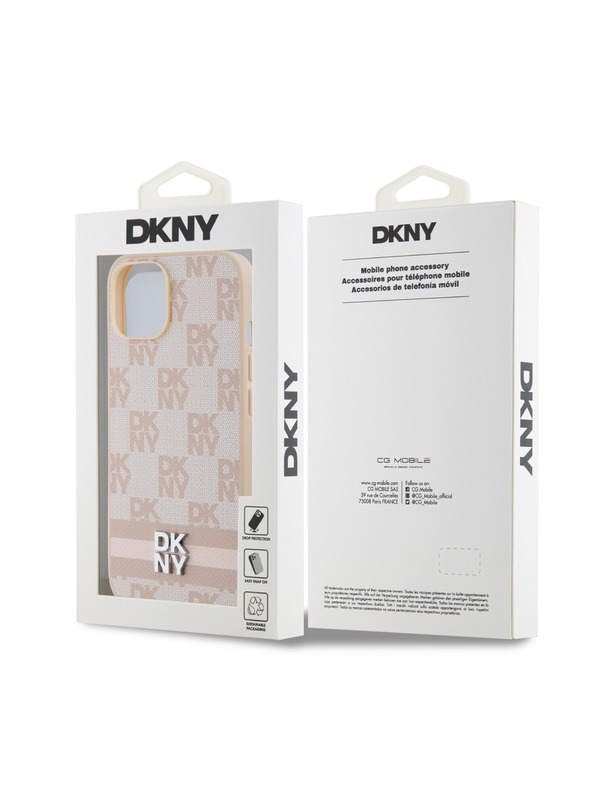 DKNY PU bőr kockás mintás és csíkos hátlapi borító iPhone 13 rózsaszín DKNY rózsaszínhez