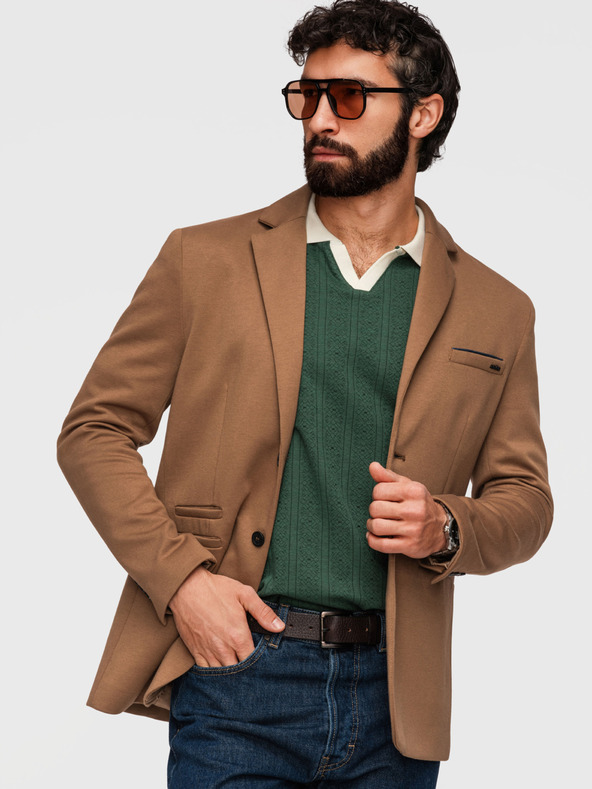 Ombre Clothing Kötött férfi zakó SLIM FIT méretezésben - világosbarna V4 M170 Ombre Clothing