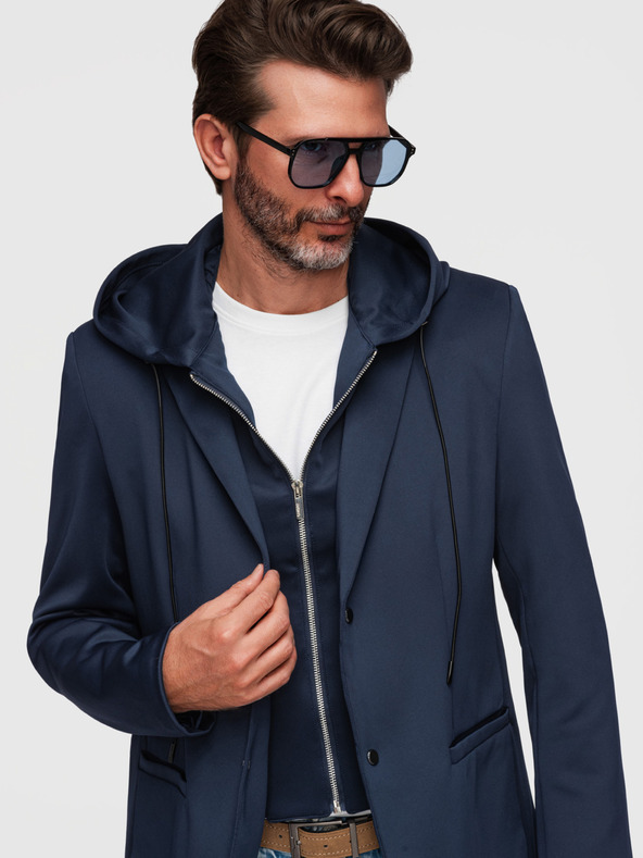 Ombre Clothing Stílusos férfi zakó eltávolítható béléssel és állítható kapucnival - sötétkék V2 M168 Ombre Clothing