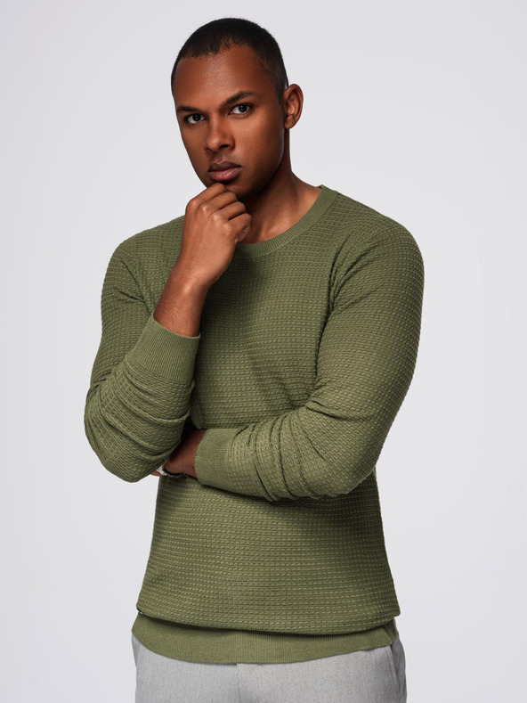Ombre Clothing Férfi strukturált kerek nyakkivágású pulóver - olíva V1 OM-SWSW-0181 Ombre Clothing
