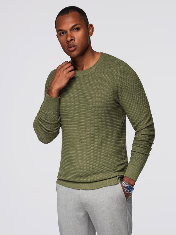 Ombre Clothing Férfi strukturált kerek nyakkivágású pulóver - olíva V1 OM-SWSW-0181 Ombre Clothing