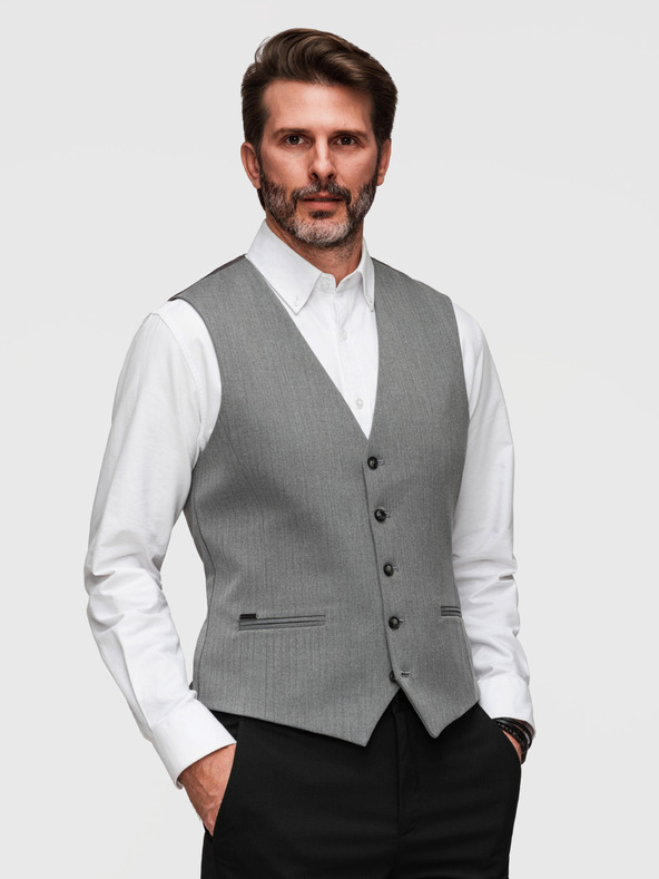 Ombre Clothing Elegáns klasszikus férfi mellény halszálka mintával SLIM FIT - szürke V1 V65 Ombre Clothing