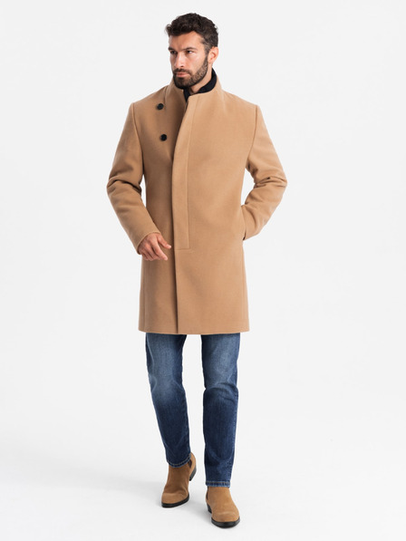 Ombre Clothing Férfi kabát aszimmetrikus rögzítéssel és magas gallérral világosbarna Ombre Clothing Ombre Clothing
