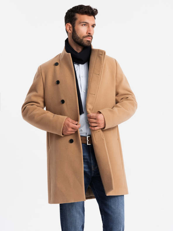 Ombre Clothing Férfi kabát aszimmetrikus rögzítéssel és magas gallérral világosbarna Ombre Clothing Ombre Clothing