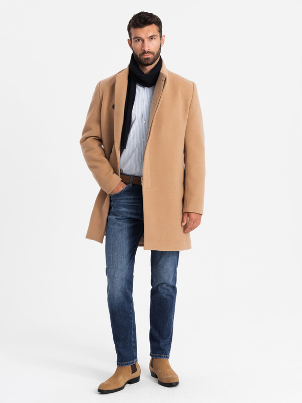Ombre Clothing Férfi kabát aszimmetrikus rögzítéssel és magas gallérral világosbarna Ombre Clothing Ombre Clothing