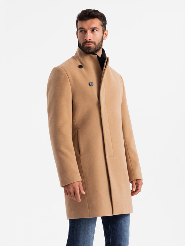 Ombre Clothing Férfi kabát aszimmetrikus rögzítéssel és magas gallérral világosbarna Ombre Clothing Ombre Clothing