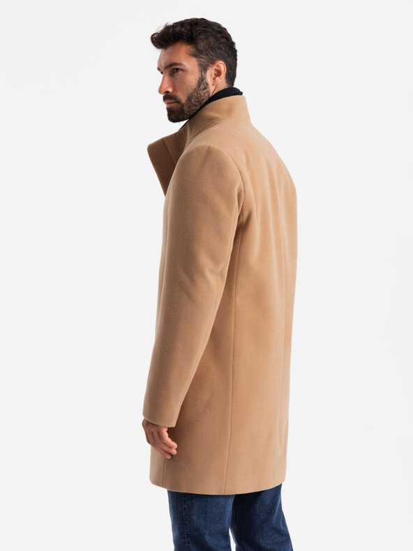 Ombre Clothing Férfi kabát aszimmetrikus rögzítéssel és magas gallérral világosbarna Ombre Clothing Ombre Clothing