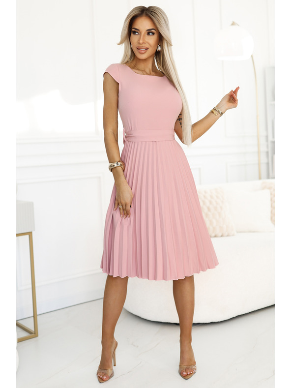 numoco Klasszikus öves rövid ujjú ruha övvel - púderrózsaszín