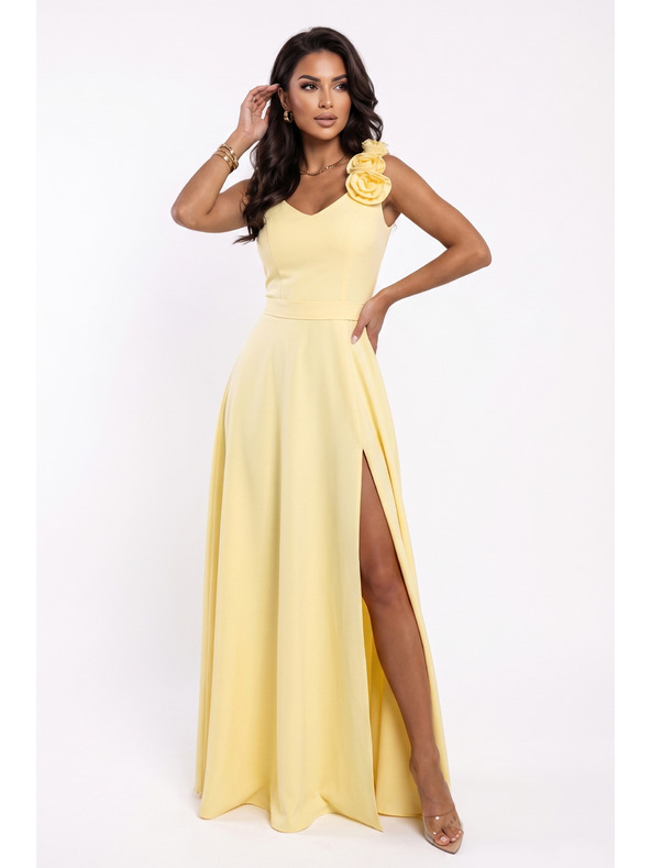 numoco Elegáns esti maxi ruha hasítékkal és rózsákkal - vajsárga