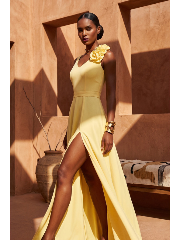 numoco Elegáns esti maxi ruha hasítékkal és rózsákkal - vajsárga