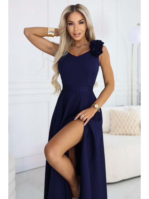 numoco Elegáns esti maxi ruha hasítékkal és rózsákkal - tengerészkék