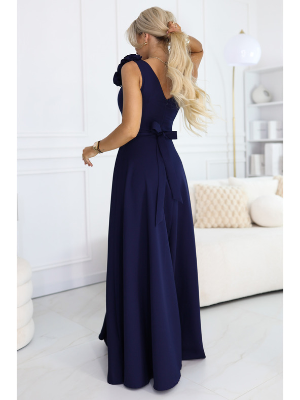 numoco Elegáns esti maxi ruha hasítékkal és rózsákkal - tengerészkék