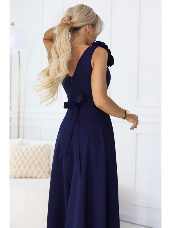 numoco Elegáns esti maxi ruha hasítékkal és rózsákkal - tengerészkék