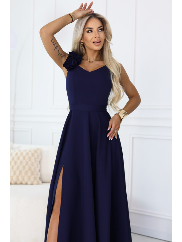 numoco Elegáns esti maxi ruha hasítékkal és rózsákkal - tengerészkék