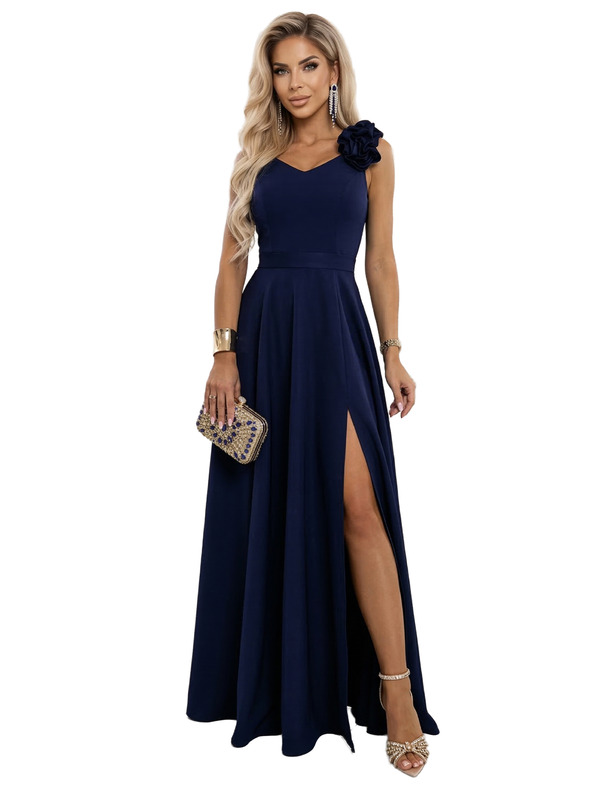 numoco Elegáns esti maxi ruha hasítékkal és rózsákkal - tengerészkék