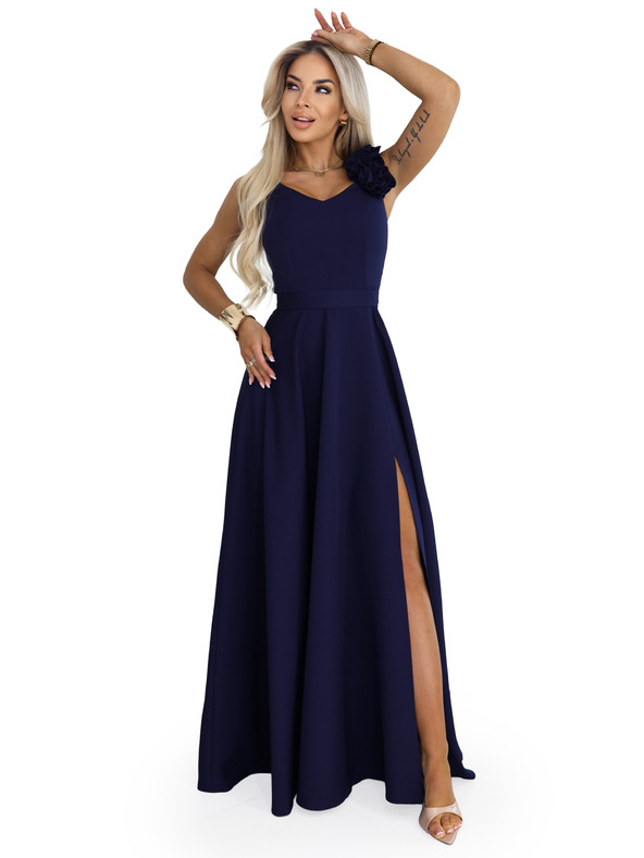 numoco Elegáns esti maxi ruha hasítékkal és rózsákkal - tengerészkék