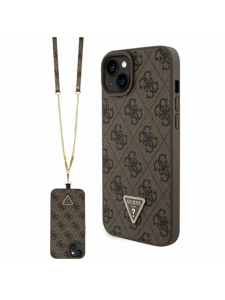 Guess Guess PU 4G Strass Triangle Metal Logo Hátlap + Crossbody Pánt iPhone 15 Plus-hoz Brown