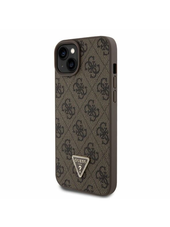 Guess Guess PU 4G Strass Triangle Metal Logo Hátlap + Crossbody Pánt iPhone 15 Plus-hoz Brown