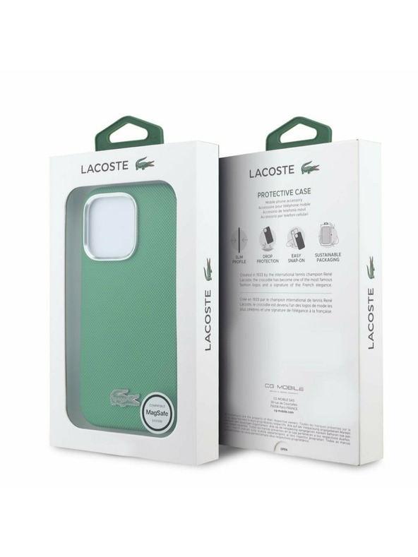 Lacoste Lacoste PVC Iconic Petit Pique Metal Logo MagSafe Hátlap iPhone 16 Pro-hoz Estragon Green