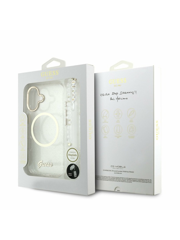 Guess Guess IML Glitter Script Strap MagSafe Hátlap iPhone 17 Transparent