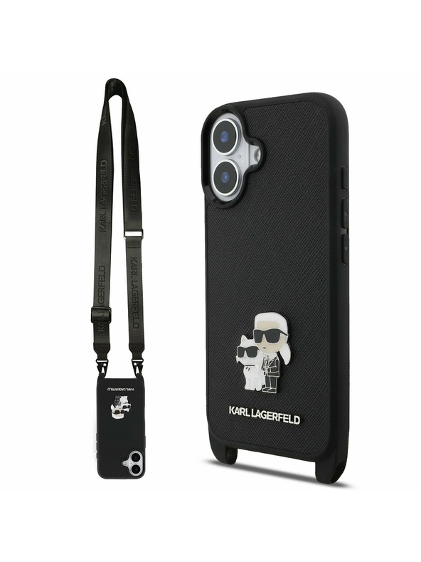Karl Lagerfeld Karl Lagerfeld Saffiano Válltáska Pánt Fém Karl és Choupette Hátsó Tok iPhone 17-hez Fekete