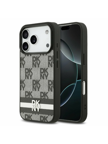 DKNY DKNY PU Leather Checkered Pattern and Stripe Hátlap iPhone 17 Pro számára Black