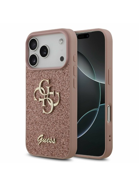 Guess Guess PU Fixed Glitter 4G Metal Logo Hátlap iPhone 17 Pro számára Pink