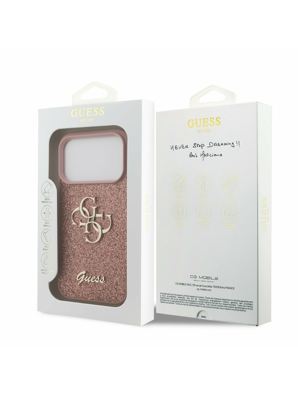 Guess Guess PU Fixed Glitter 4G Metal Logo Hátlap iPhone 17 Pro számára Pink