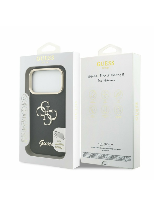 Guess Guess PU Grained 4G Logo Stand Camera Frame Hátlap iPhone 17 Pro számára Black