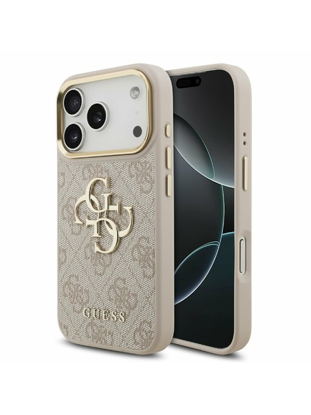 Guess Guess PU Leather 4G Metal Logo Gold Frame Hátlap iPhone 17 Pro számára Pink
