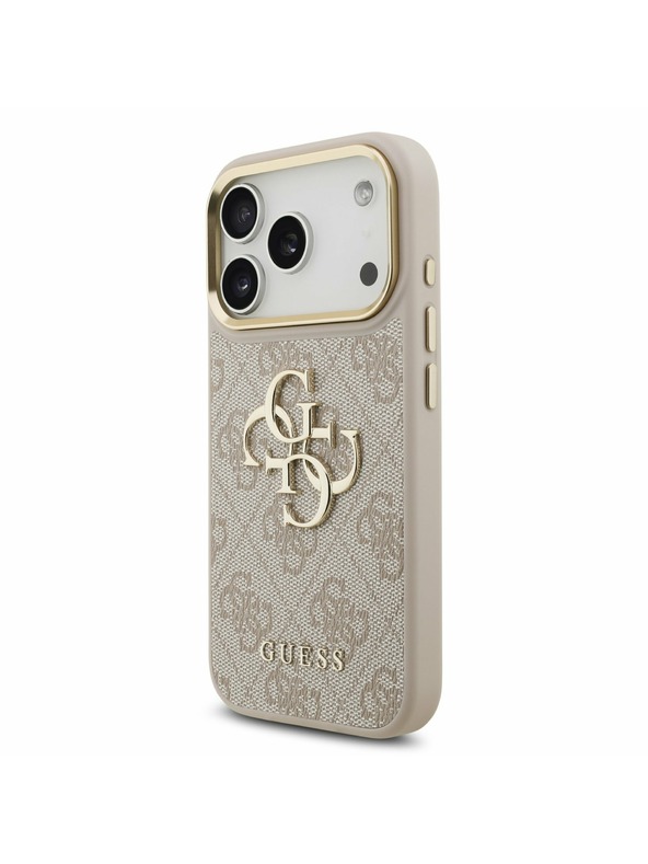 Guess Guess PU Leather 4G Metal Logo Gold Frame Hátlap iPhone 17 Pro számára Pink