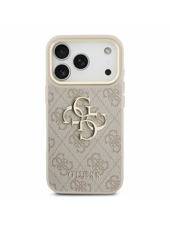 Guess Guess PU Leather 4G Metal Logo Gold Frame Hátlap iPhone 17 Pro számára Pink